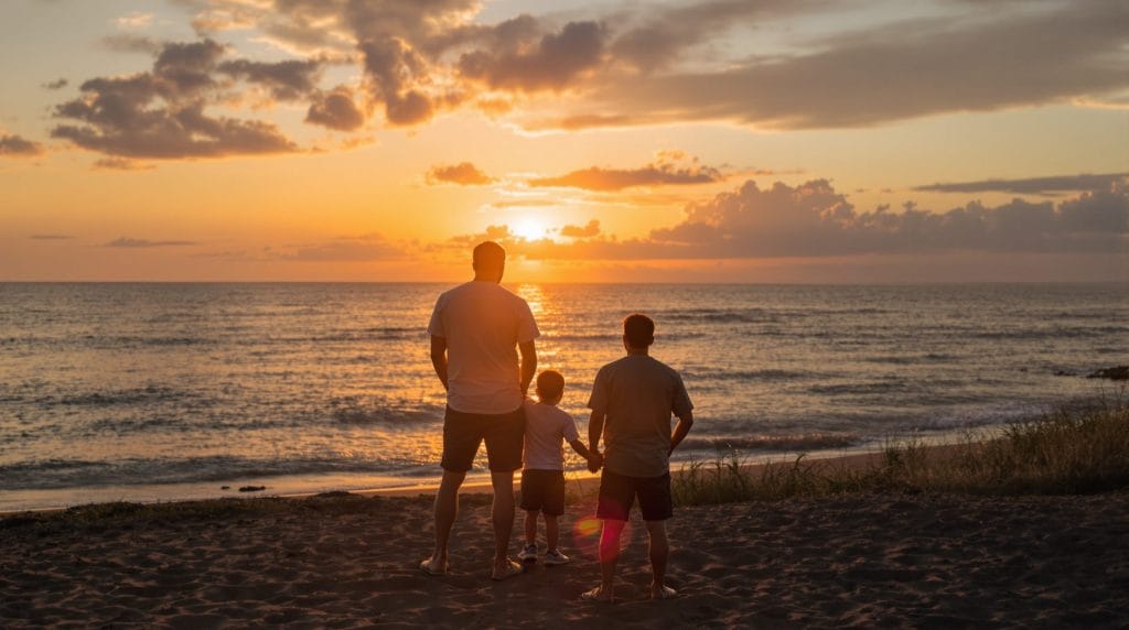 Father and son facing the sunset - Pilgrim Hills Mentoring